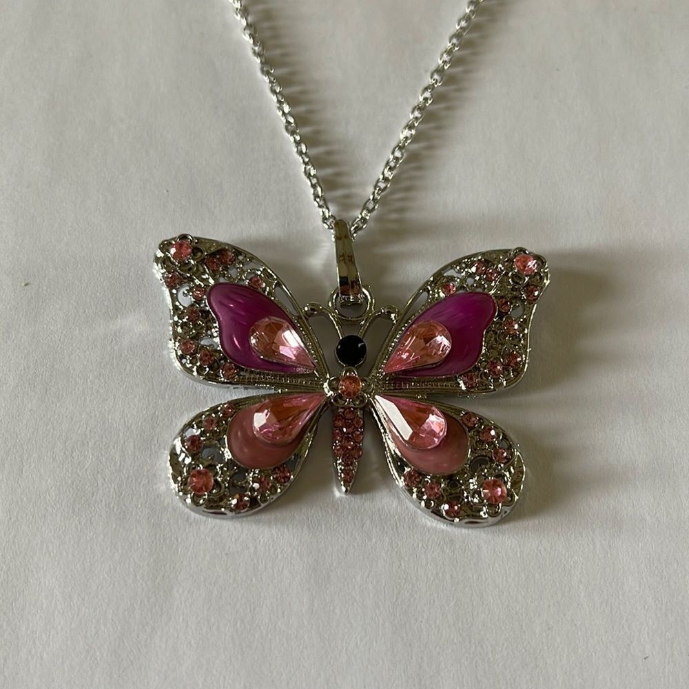 Pink and Silver Butterfly 🦋 Necklace - Picture 2 of 4